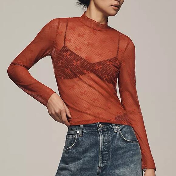 Anthropologie Maeve Large Bow Lace Mesh Long Sleeve Sheer Blouse Top - Picture 1 of 7